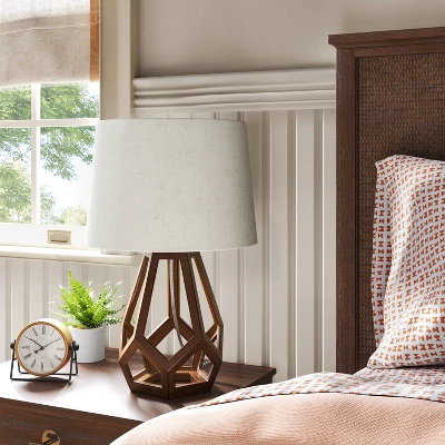 Large Wood Geo Assembled Table Lamp Brown - Threshold™: No Assembly, UL Listed, Cotton Shade - Image 2