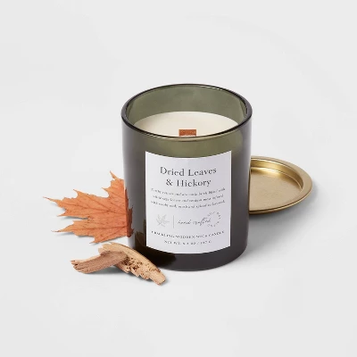 Clear Colored Glass With Woodwick And Brass Metal Inset Lid Dried Leaves + Hickory Candle Green - Threshold™ - Image 2