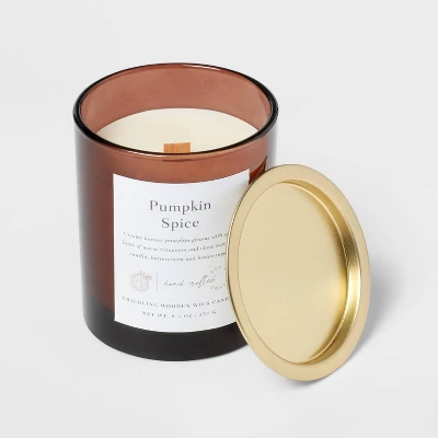 Clear Colored Glass With Woodwick And Brass Metal Inset Lid Pumpkin Spice - Threshold™ - Image 3