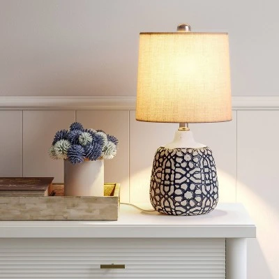 17.5"x9" Assembled Ceramic Table Lamp Blue - Threshold™: Bud-Shaped Base, Off-White Drum Shade, UL Listed - Image 2