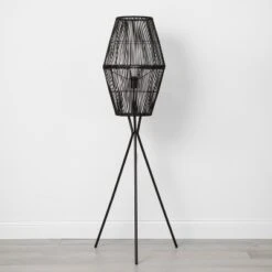 Diamond Tripod Floor Lamp Black With Rattan Shade (Includes LED Light Bulb) - Threshold™: Nautical Standing Illumination