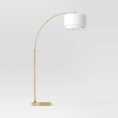 68"x41" Knurled Metal Arc Floor Lamp With Tiered Shade Brass - Threshold™: Curved Standing Illumination For Living Room