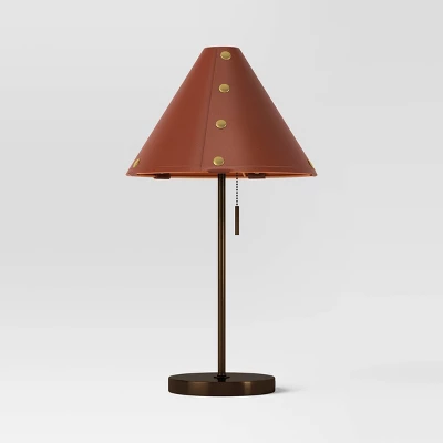 Table Lamp With Leather Shade Brown - Threshold™: Metal Base, Cone Shape, No Assembly, SGS Certified, 20" Height