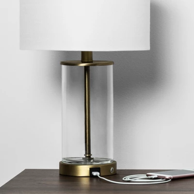 Fillable Accent With USB Table Lamp Brass - Threshold™: Modern Glass Nightstand Lamp, ETL Listed, No Bulb Included - Image 3