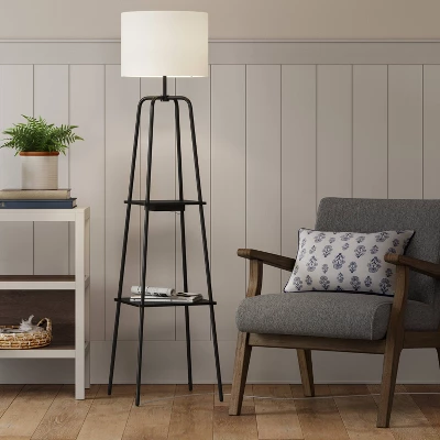 20" Etagere Power Source Shelf Floor Lamp Black Metal/Wood - Threshold™: USB Port, Modern Design - Image 2