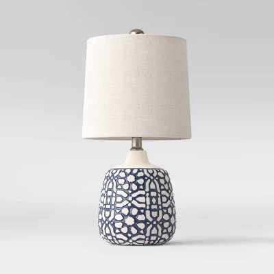 17.5"x9" Assembled Ceramic Table Lamp Blue - Threshold™: Bud-Shaped Base, Off-White Drum Shade, UL Listed