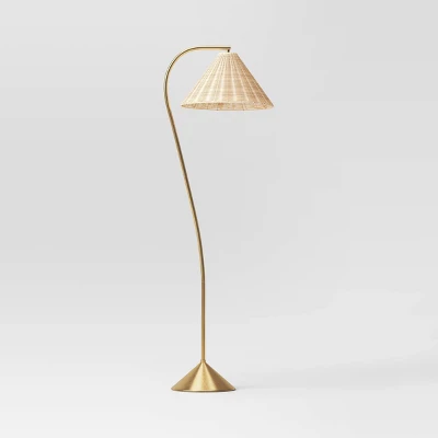 Gooseneck Floor Lamp With Natural Shade Brass - Threshold™: Adjustable, Rattan Shade, ETL Listed, Metal Base