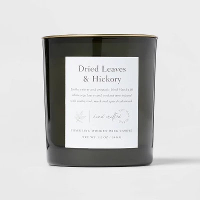 Clear Colored Glass With Woodwick And Brass Metal Inset Lid Dried Leaves + Hickory Candle Green - Threshold™ - Image 5